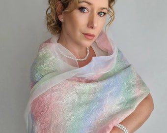 FELTED SILK SCARF, Wrap Scarf, Nuno Felted Scarf,  boho silk shawl.