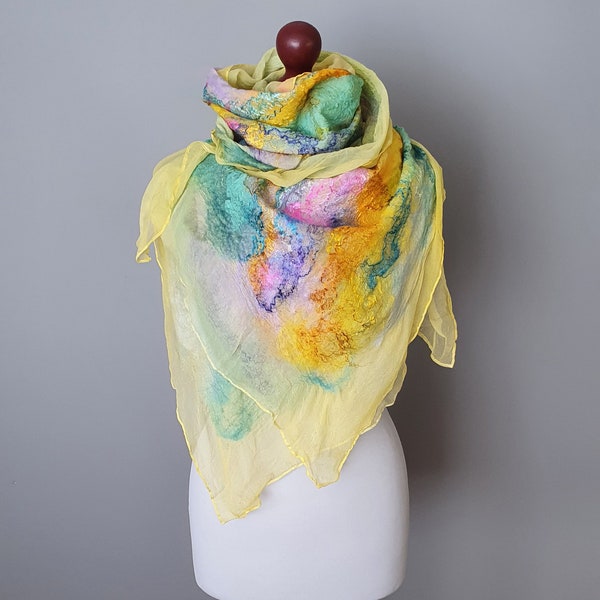 FELTED SILK SCARF, Wrap Scarf, Nuno Felted Scarf, silk shawl.