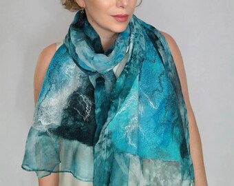 FELTED SILK SCARF, Wrap Scarf, Nuno Felted Scarf, silk shawl.