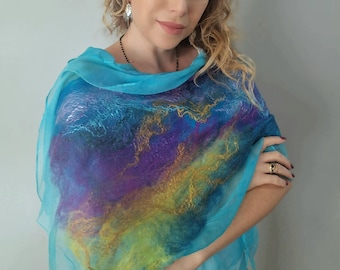 FELTED SILK SCARF, Wrap Scarf, Nuno Felted Scarf, silk shawl.