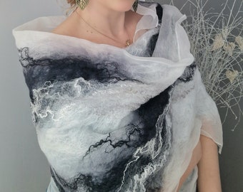 FELTED SILK SCARF, Wrap Scarf, Nuno Felted Scarf, silk shawl.