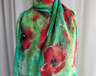 FELTED SILK SCARF, Wrap Scarf, Nuno Felted Scarf,  boho silk shawl.