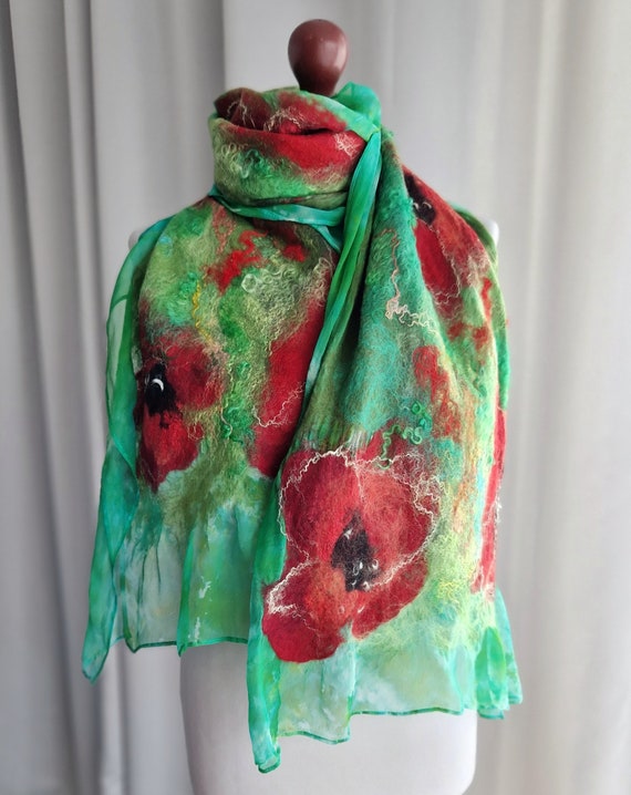 FELTED SILK SCARF, Wrap Scarf, Nuno Felted Scarf, Boho Silk Shawl. 