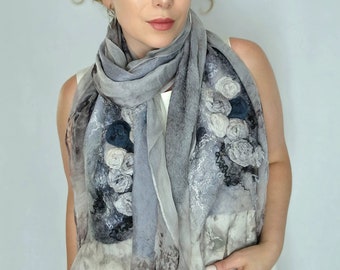 FELTED SILK SCARF, Wrap Scarf, Nuno Felted Scarf,  boho silk shawl.