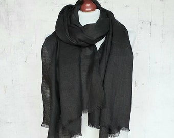 Long, natural LINEN SCARF, black linen shawl, scarf for women, scarf for men