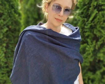 Long, natural LINEN SCARF, navy blue linen shawl, scarf for women, scarf for men