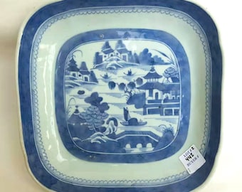 Grote 19e eeuw antieke Chinese vierkante blauwe & witte plaat schotel landschap plaat Chinese export