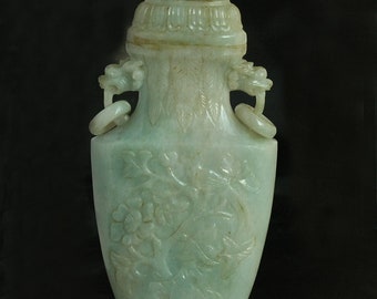 Antique Vintage Chinese Jadeite Jade Vase W/ Foo  Dog Birds & Flowers