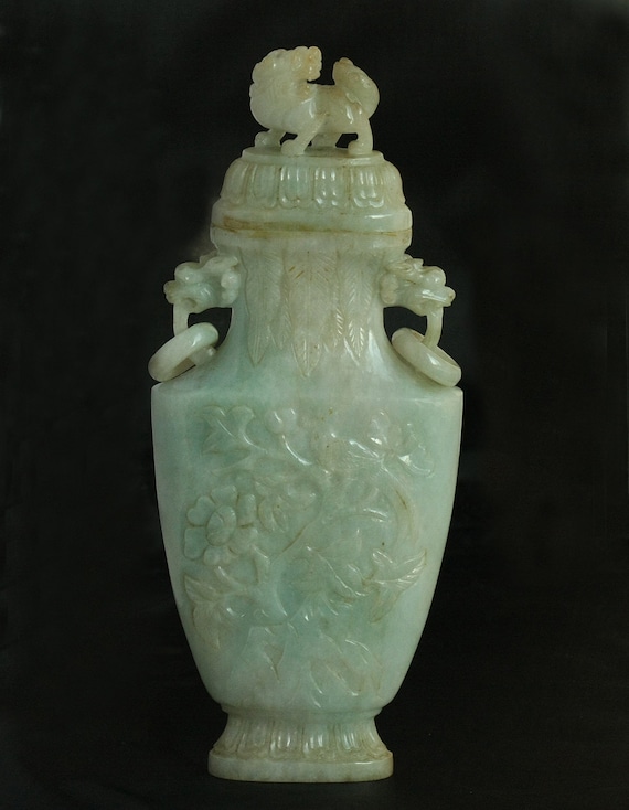 Antique Vintage Chinese Jadeite Jade Vase W/ Foo Dog Birds