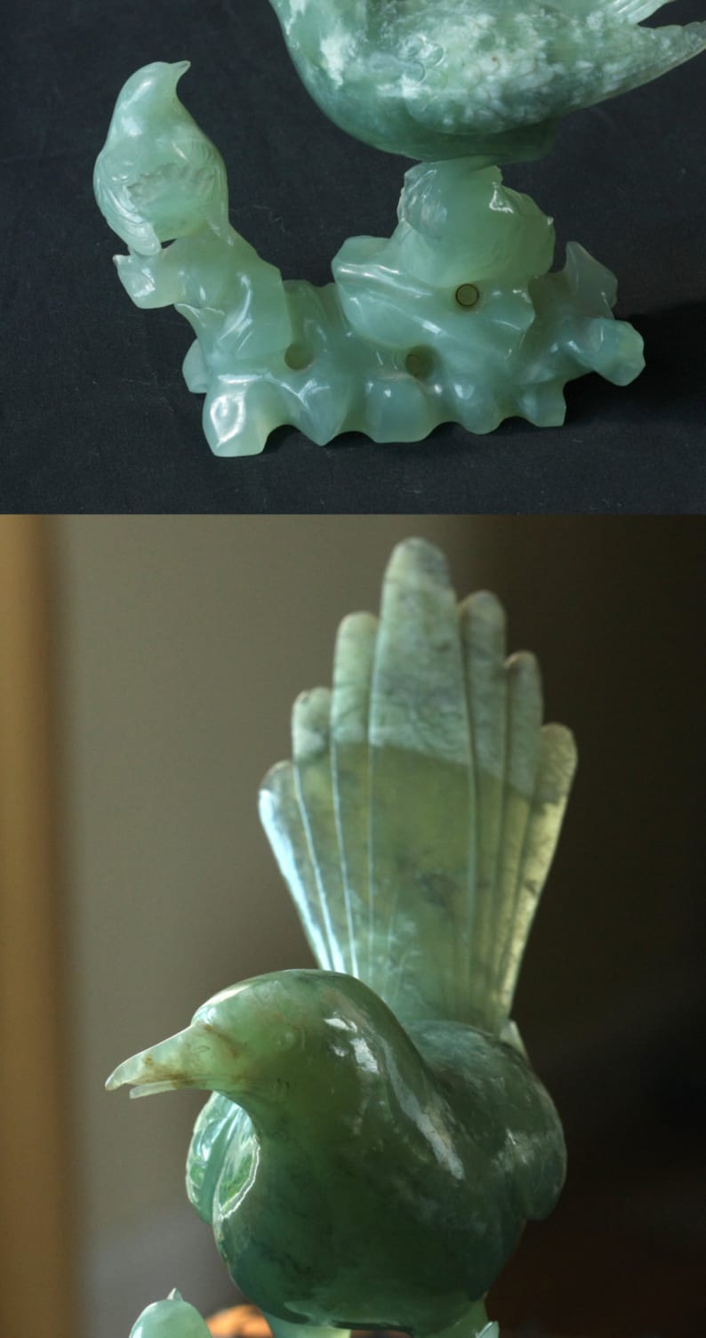 Large Vintage Chinese Export Bowenite Jade Carving of Two Birds/ Magpies VINTAGE JADE STATUE image 3