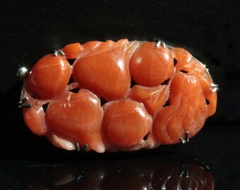 Rare Antique Chinese Pema Raka Carnelian Medallion Salmon Red Agate Carving