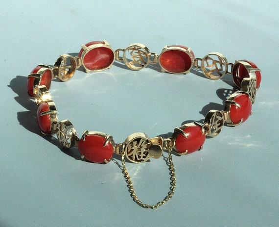 Fine Vintage Chinese Character 14 K Rose Gold AKA coral Oxblood Red Coral Bracelet W/ appraisal by GIA Graduate Gemologist
