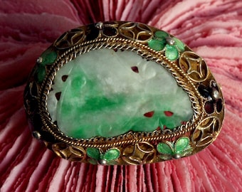 Antique Chinese Carved Green Jadeite Jade Enameled Silver Filigree Brooch Pin