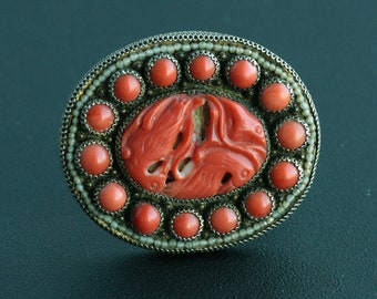 Antique Chinese Export Carved Coral Filigree Gilt Sterling Silver Dress Clip / pin Gift for her