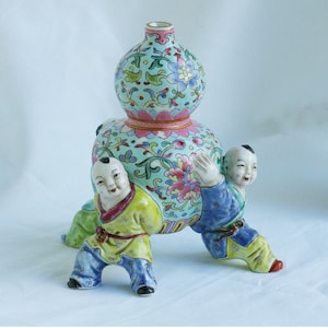 Antique Vintage Chinese Famille Rose three Boys Gourd Shaped Vase W ...