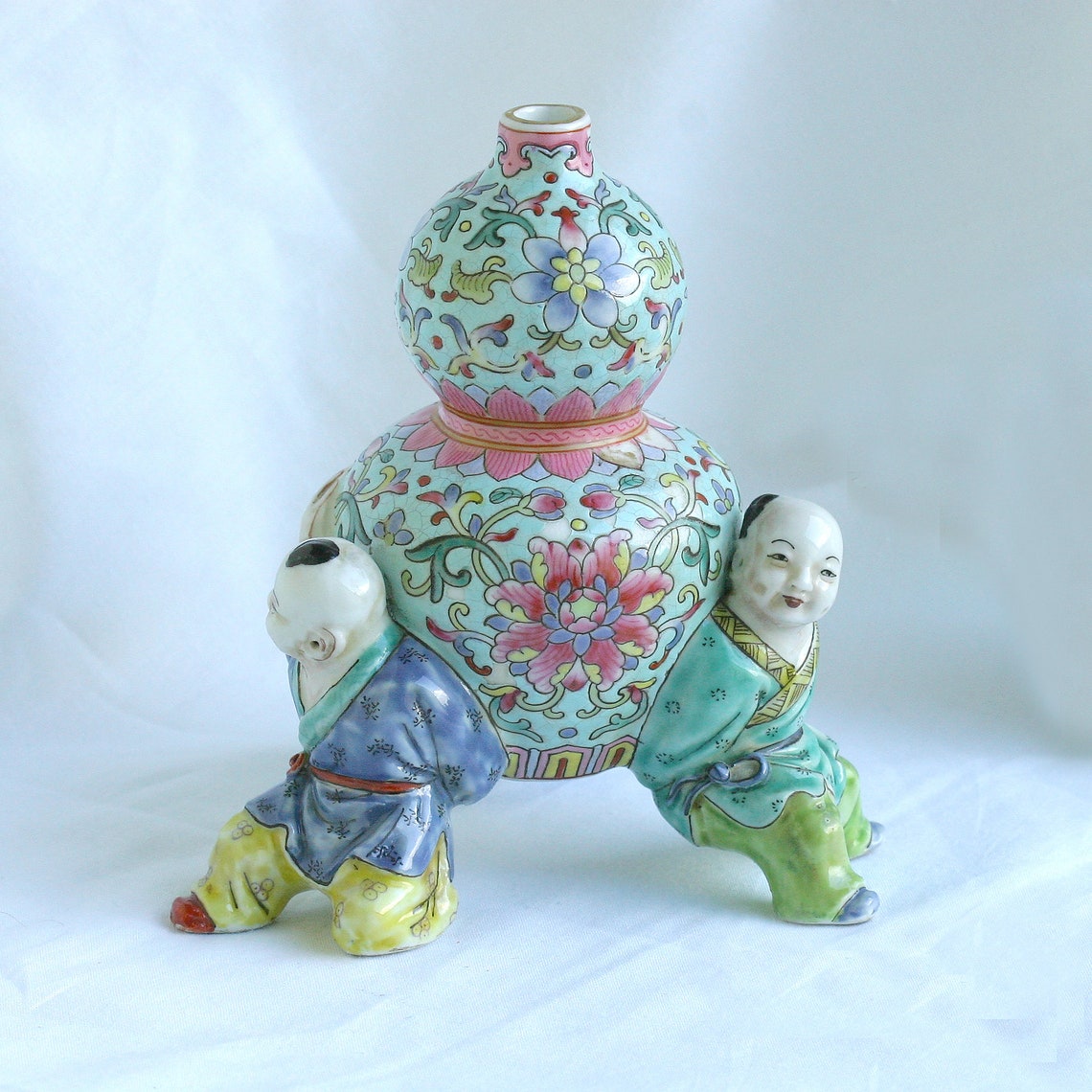 Antique Vintage Chinese Famille Rose three Boys Gourd Shaped Vase W ...