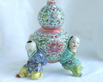 Antique Vintage Chinese Famille Rose "Three Boys" Gourd Shaped Vase w/ Rare Mark