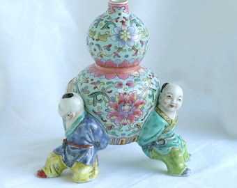 Antique Vintage Chinese Famille Rose &quot;Three Boys&quot; Gourd Shaped Vase w/ Rare Mark