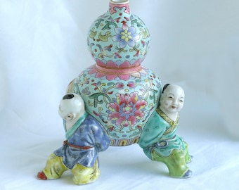 Antique Vintage Chinese Famille Rose "Three Boys" Gourd Shaped Vase w/ Rare Mark