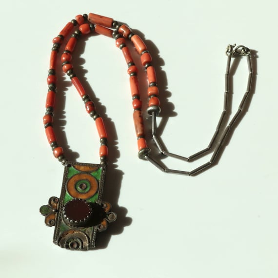 Antique Moroccan Coral/silver Bead Enamel Silver Pendant Necklace 
