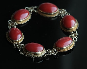 Fine Vintage Large Oxblood Red Coral Cabochon Aka Coral 14K Gold Bracelet Gift for Her
