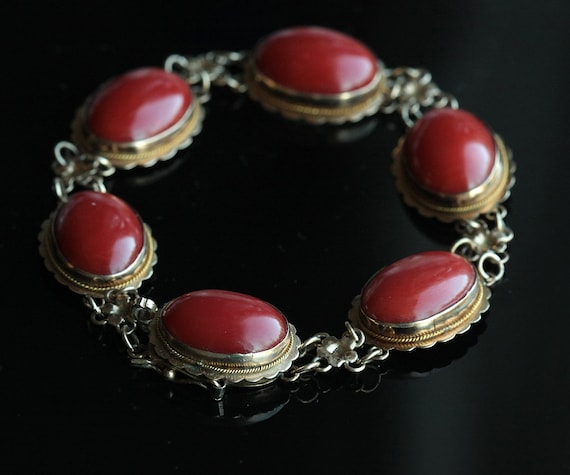 Antique Victorian Coral, Pearl, and Silver Bangle Bracelet