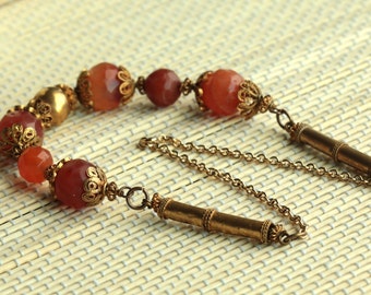 Antique Faceted Carnelian Bead & Goldtone Filigree Bead Caps Neckace