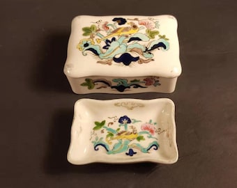 Rare Antique Japanese Porcelain Jewelry Box & Tray Handpainted Enameled Box Tray