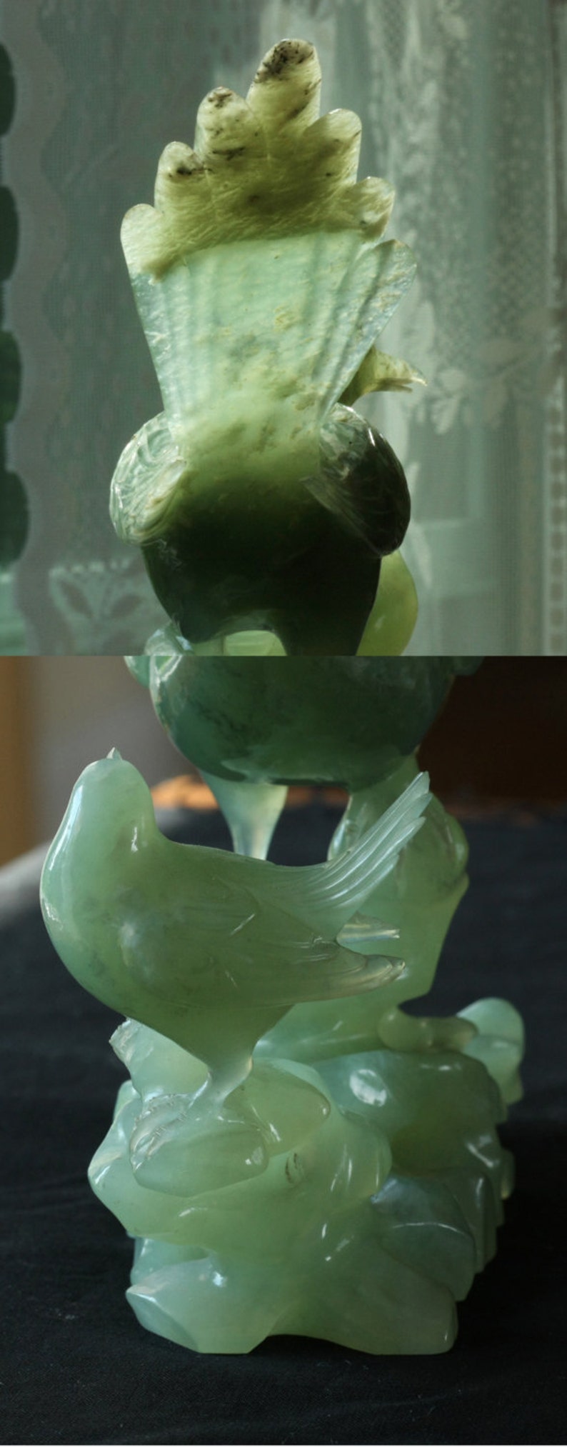 Large Vintage Chinese Export Bowenite Jade Carving of Two Birds/ Magpies VINTAGE JADE STATUE image 4