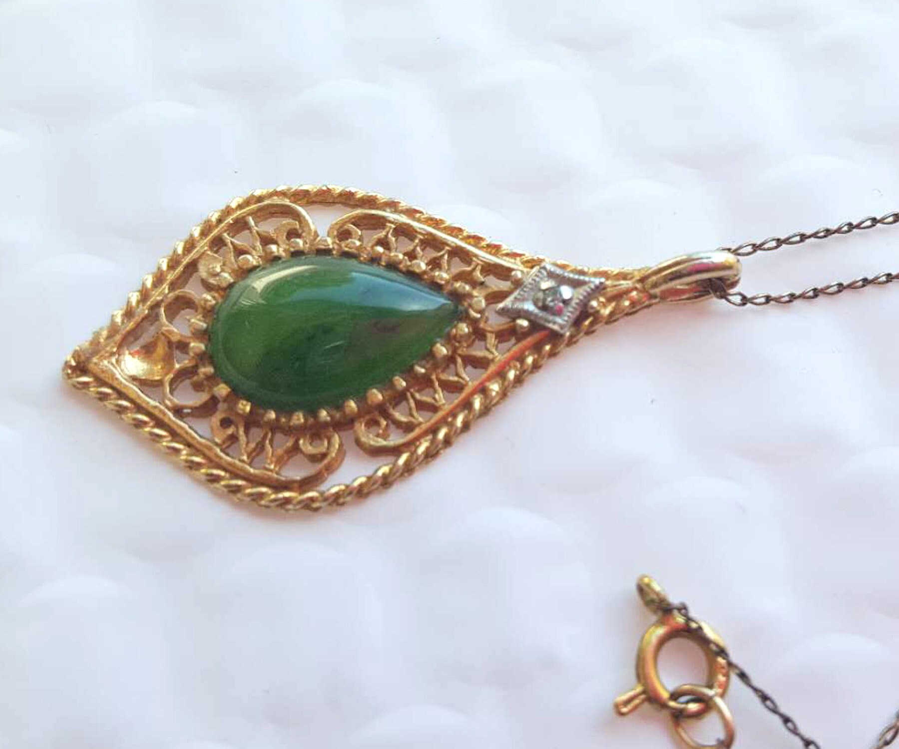 Vintage Green Nephrite Jade Diamond Chip Filigree Pendant & - Etsy