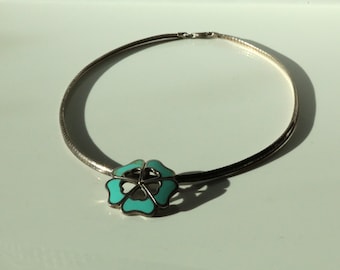 Vintage Sterling silver Necklace W/ Sterling Flower Pendant Faux Turquoise