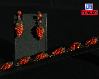 FINE Victorian Red Coral 835 Silver  Gold Vermeil Earrings and Bracelet Grape Clusters