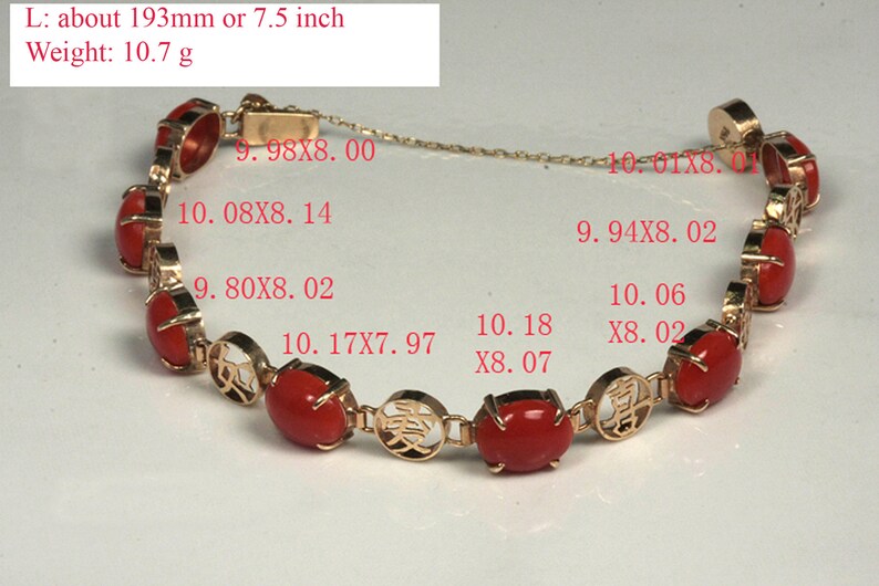 May include: A gold bracelet with red coral beads and Chinese characters. The bracelet is 7.5 inches long and weighs 10.7 grams. The measurements of each bead are listed on the image.