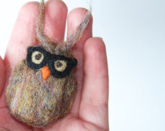 Needle-felted hipster owl with glasses, little pocket friend. 100% wool