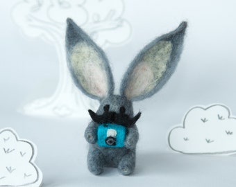 SALE   Needle-felted hipster rabbit with tiny lomo camera, decorative item or toy. Gift for photographer.  100% wool