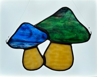 Handmade Stained Glass Toadstools (Mushrooms) Suncatcher (Cream Stems)