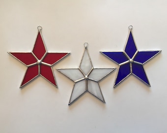 Handmade Stained Glass Patriotic Stars (Set of 3) - Red, White, and Blue