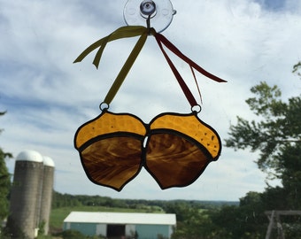 Handmade Stained Glass Pair of Acorns Suncatcher