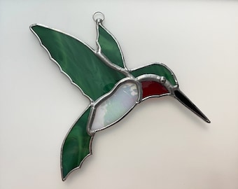 Handmade Stained Glass Hummingbird Suncatcher (Green with Ruby Throat and Iridescent Belly)