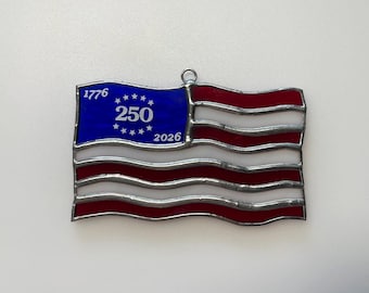 Handmade Stained Glass Patriotic American Flag Suncatcher (Stars and Stripes; Old Glory; USA; Red, White, & Blue) 250th Anniversary Edition