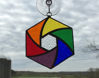 Handmade Stained Glass Rainbow Hexagon Swirl Pinwheel Suncatcher