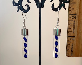 Handmade Stained Glass Blue Ribbon Rod Dangle/Drop Earrings