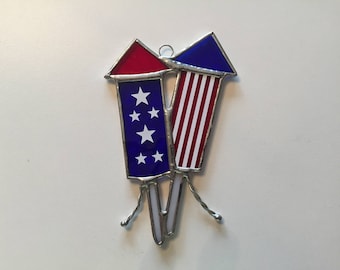 Handmade Stained Glass Patriotic Firecrackers/Fireworks (Stars and Stripes) Suncatcher