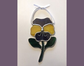 Handmade Stained Glass Pansy (Violet/Johnny Jump-Up) Suncatcher - Purple and Yellow