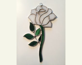 Handmade Stained Glass WHITE Rose Suncatcher