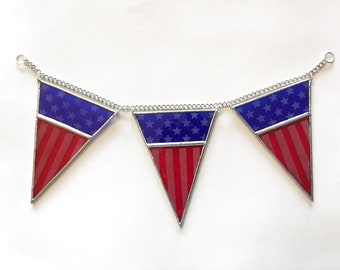 Handmade Stained Glass Patriotic Pennants Suncatcher