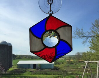 Handmade Stained Glass Patriotic Hexagon Swirl Pinwheel with Faceted Crystal Suncatcher