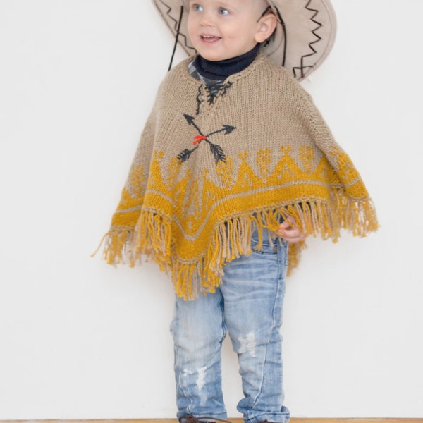 Hand knit kids poncho // Mustard poncho yellow cape toddler 2-3 years, warm cape knitted poncho, fringed tribal toddler cape, onward onward