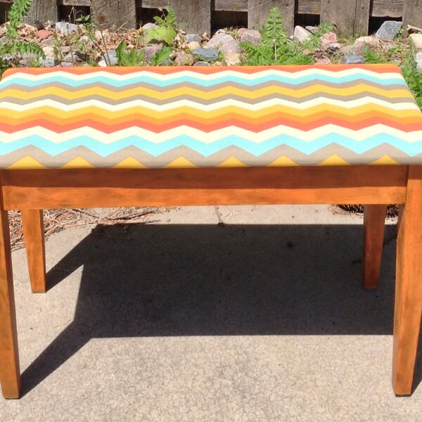 Vintage piano bench, up cycled orange bench with chevron pattern, one of a kind, distressed wood bench