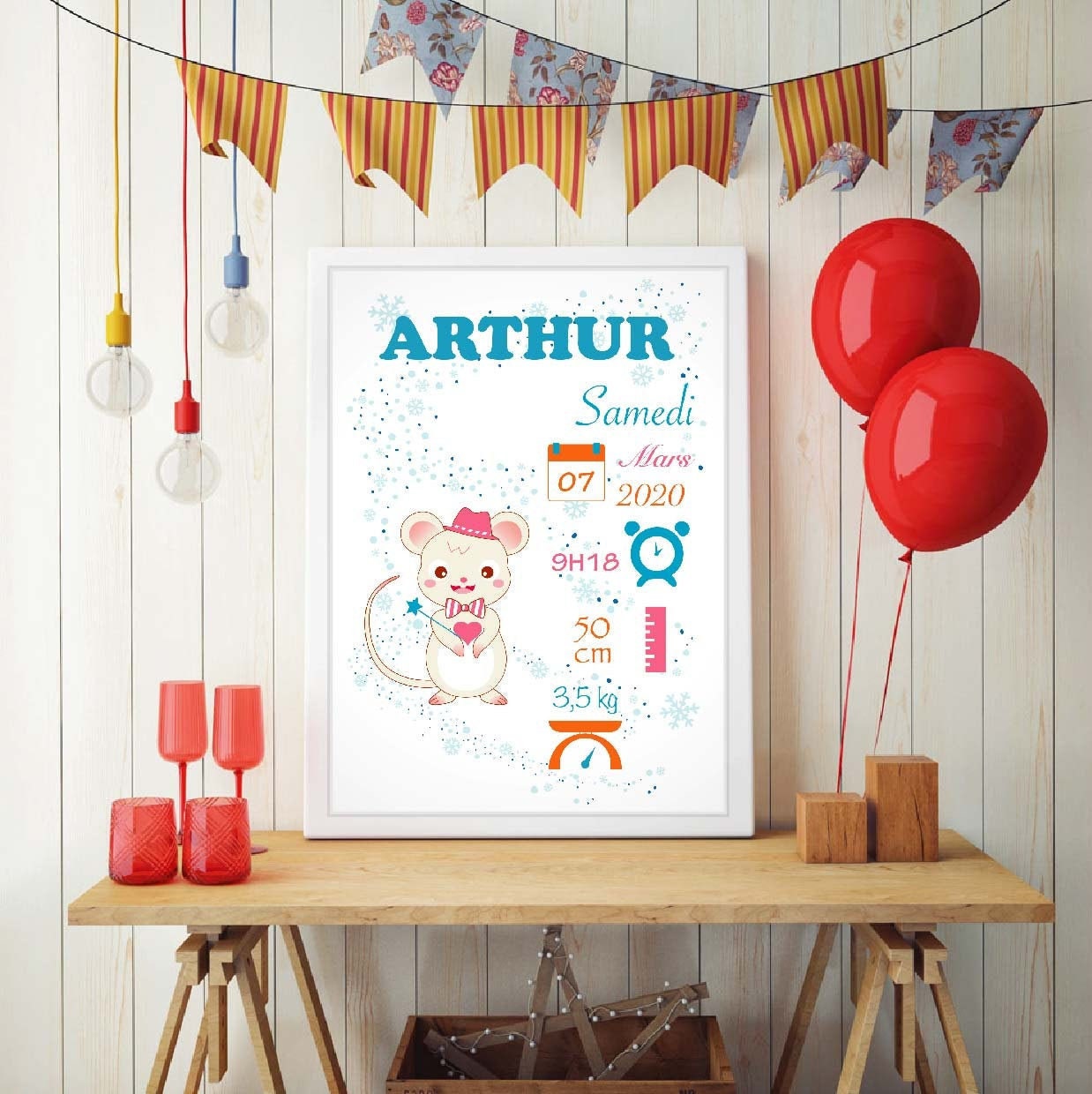 Affiche de Naissance Personnalisée, Un Cadeau Original Pour Décorer La Chambre d'un Enfant/Bébé
